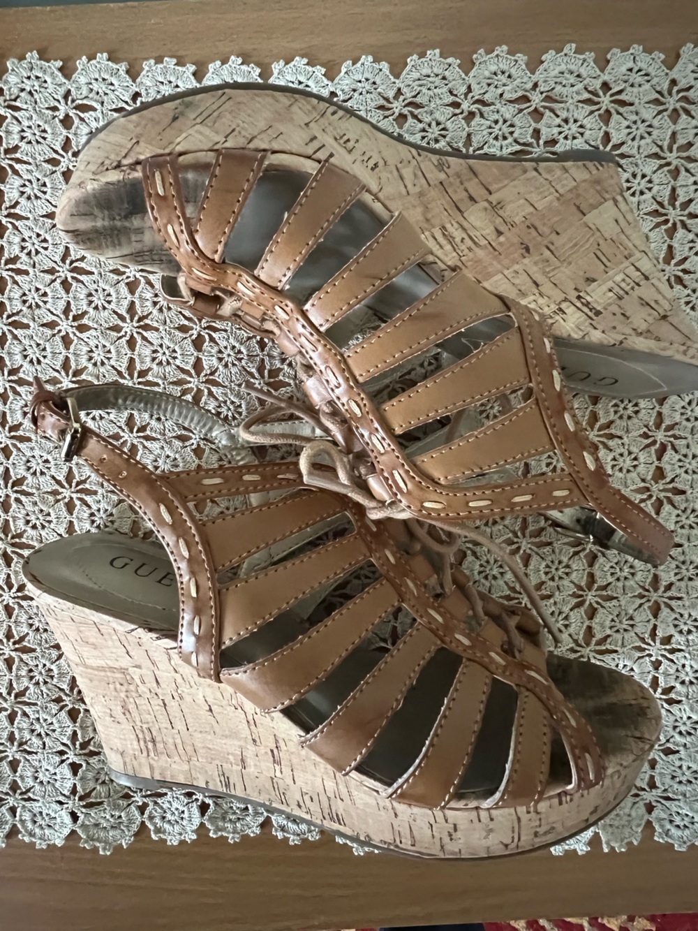 Guess Tan Leather Lace-Up Wedge Sandals